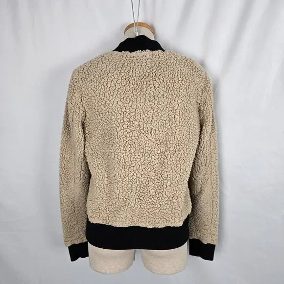 Anthropologie Marrakech Sherpa Bomber Jacket Women's S Tan Black Zip Up - Picture 5 of 14